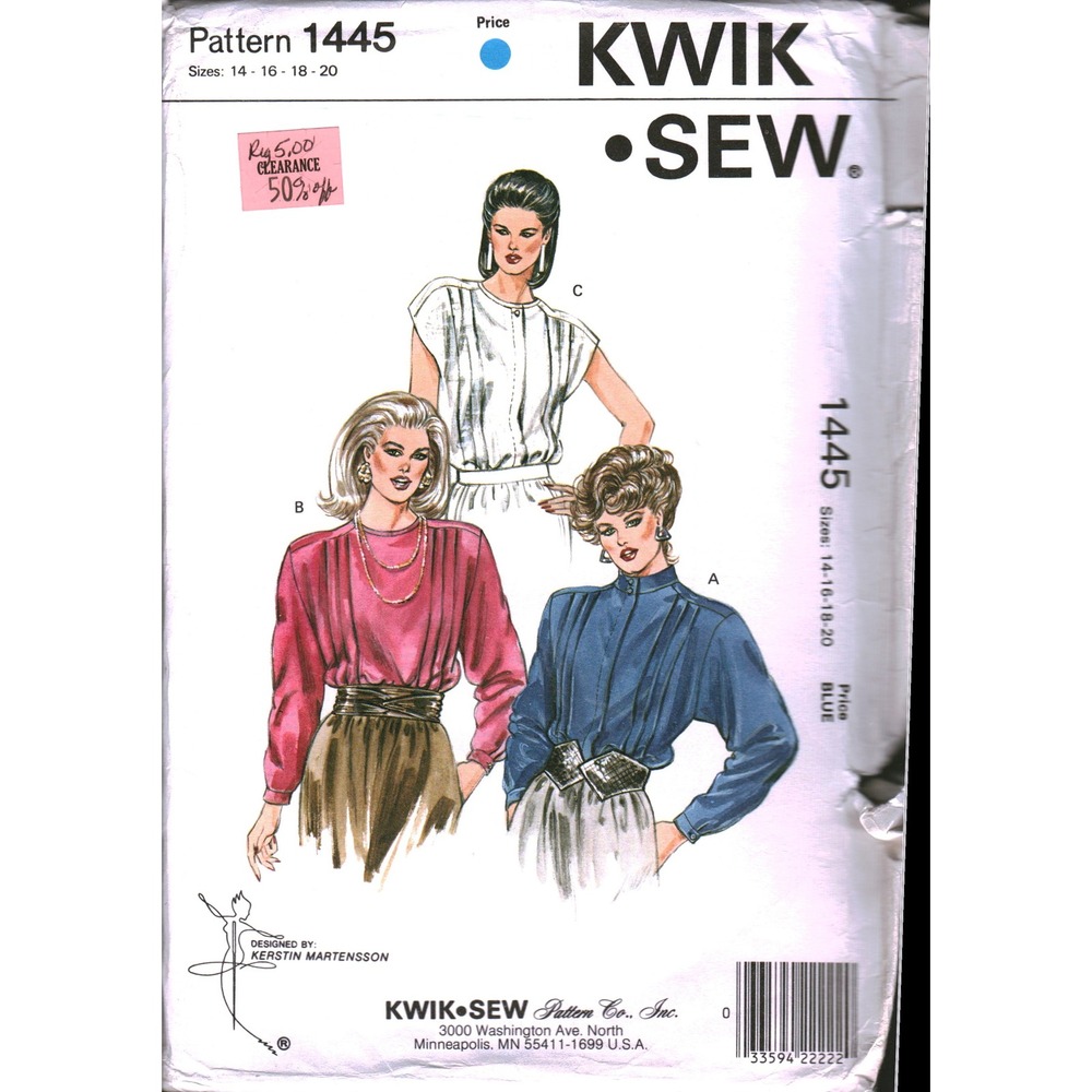 Vintage Kwik Sew 1445 Misses Blouse Sewing Pattern Size 14 Kerstin Martensson